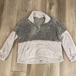 Oversized Sherpa Quarter Zip Grey Color Block Sweatshirt